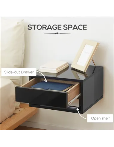 HOMCOM 2 Pieces Bedside Table Wall Mounted Nightstand with Drawer and Shelf for Bedroom, 37 x 32 x 21cm, High Gloss Black