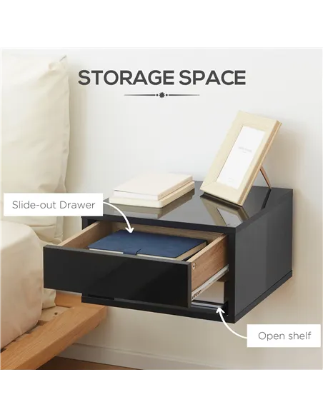 HOMCOM 2 Pieces Bedside Table Wall Mounted Nightstand with Drawer and Shelf for Bedroom, 37 x 32 x 21cm, High Gloss Black