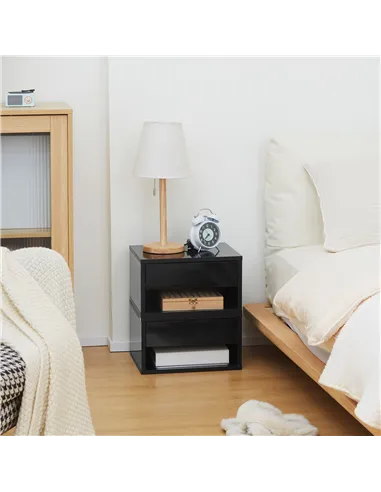 HOMCOM 2 Pieces Bedside Table Wall Mounted Nightstand with Drawer and Shelf for Bedroom, 37 x 32 x 21cm, High Gloss Black