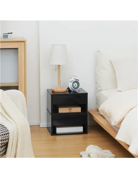 HOMCOM 2 Pieces Bedside Table Wall Mounted Nightstand with Drawer and Shelf for Bedroom, 37 x 32 x 21cm, High Gloss Black