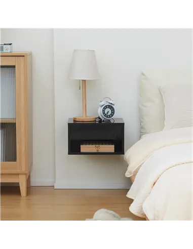 HOMCOM 2 Pieces Bedside Table Wall Mounted Nightstand with Drawer and Shelf for Bedroom, 37 x 32 x 21cm, High Gloss Black