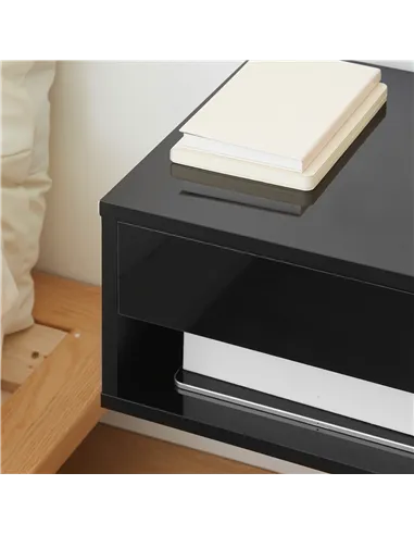 HOMCOM 2 Pieces Bedside Table Wall Mounted Nightstand with Drawer and Shelf for Bedroom, 37 x 32 x 21cm, High Gloss Black