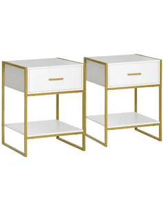 HOMCOM Modern Bedside Table, Nightstand with Drawer Shelf, Side Table for Living room, Bedroom White and Gold, Set of 2