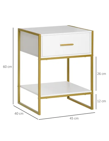 HOMCOM Modern Bedside Table, Nightstand with Drawer Shelf, Side Table for Living room, Bedroom White and Gold, Set of 2