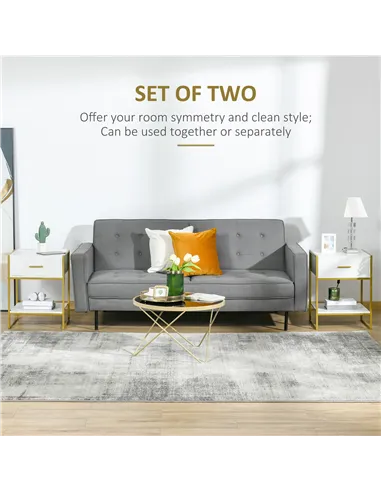 HOMCOM Modern Bedside Table, Nightstand with Drawer Shelf, Side Table for Living room, Bedroom White and Gold, Set of 2