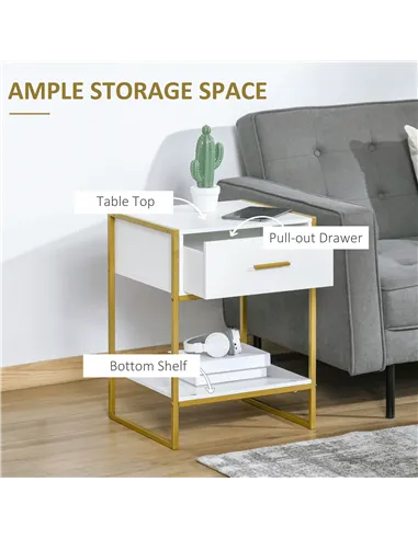 HOMCOM Modern Bedside Table, Nightstand with Drawer Shelf, Side Table for Living room, Bedroom White and Gold, Set of 2