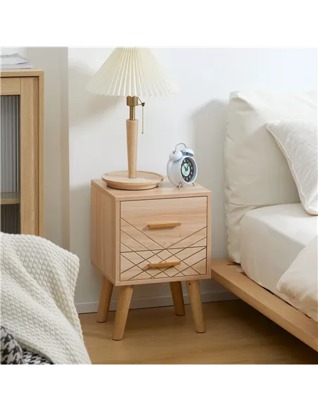 HOMCOM Bedside Cabinet, Scandinavian Bedside Table with Drawers, Bed Side Table with Wood Legs, Natural
