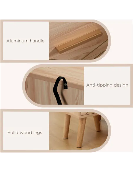 HOMCOM Bedside Cabinet, Scandinavian Bedside Table with Drawers, Bed Side Table with Wood Legs, Natural