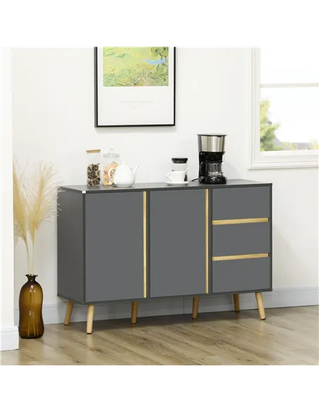 HOMCOM Sideboard, Modern Kitchen Cupboard with Double Doors and 3 Drawers, Adjustable Shelves for Living Dining Room, Dark Grey