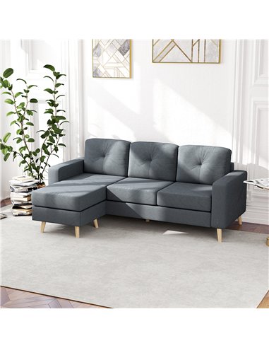 HOMCOM 3 Seater Sofa with Footstool, Fabric L-Shaped Sofa, Sectional Couch with Wood Legs, Tufting Cushioned Back for Small Spac