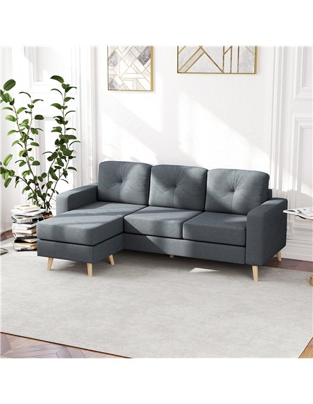 HOMCOM 3 Seater Sofa with Footstool, Fabric L-Shaped Sofa, Sectional Couch with Wood Legs, Tufting Cushioned Back for Small Spac
