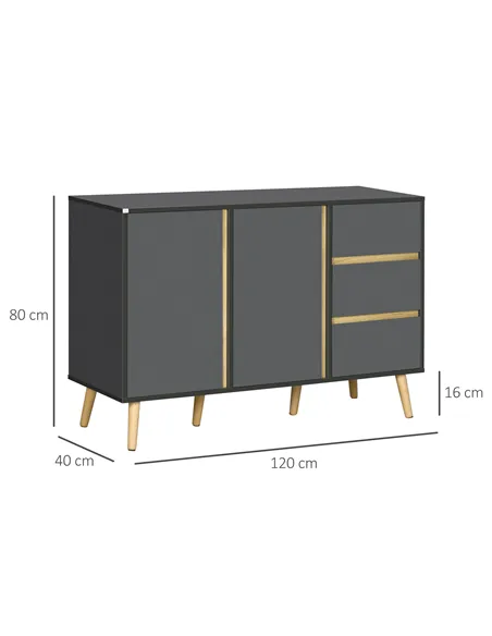 HOMCOM Sideboard, Modern Kitchen Cupboard with Double Doors and 3 Drawers, Adjustable Shelves for Living Dining Room, Dark Grey