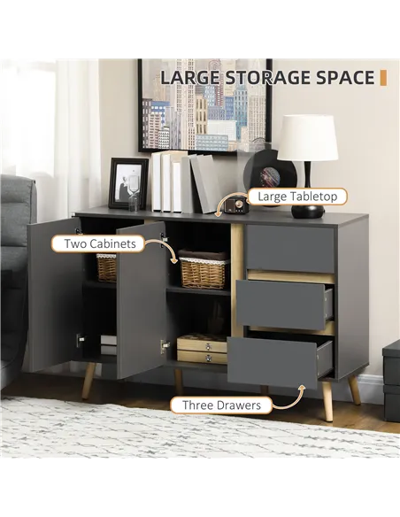 HOMCOM Sideboard, Modern Kitchen Cupboard with Double Doors and 3 Drawers, Adjustable Shelves for Living Dining Room, Dark Grey