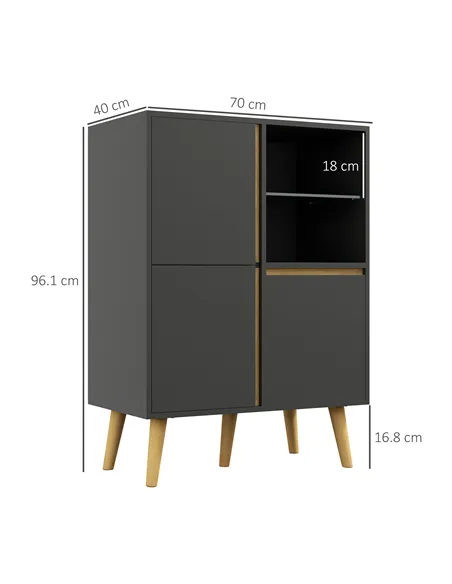 HOMCOM Storage Cabinet Sideboard with Tempered Glass Adjustable Shelves and Solid Wood Legs