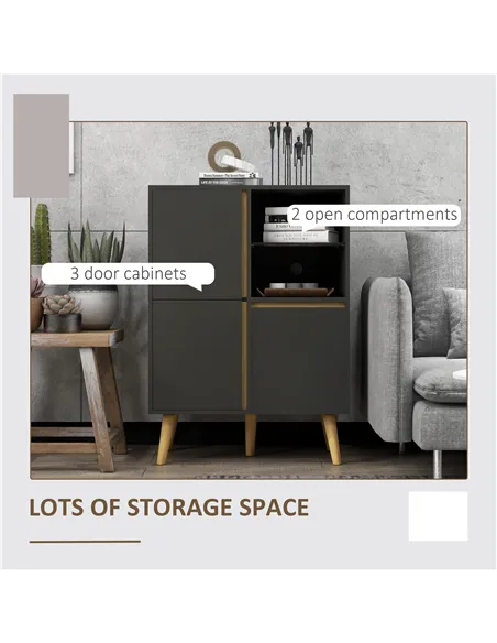 HOMCOM Storage Cabinet Sideboard with Tempered Glass Adjustable Shelves and Solid Wood Legs