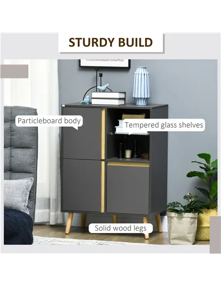 HOMCOM Storage Cabinet Sideboard with Tempered Glass Adjustable Shelves and Solid Wood Legs