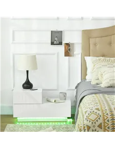 HOMCOM High Gloss Front Bedside Table with Drawers Nightstand with RGB LED Light and Remote for Bedroom Living Room White 2