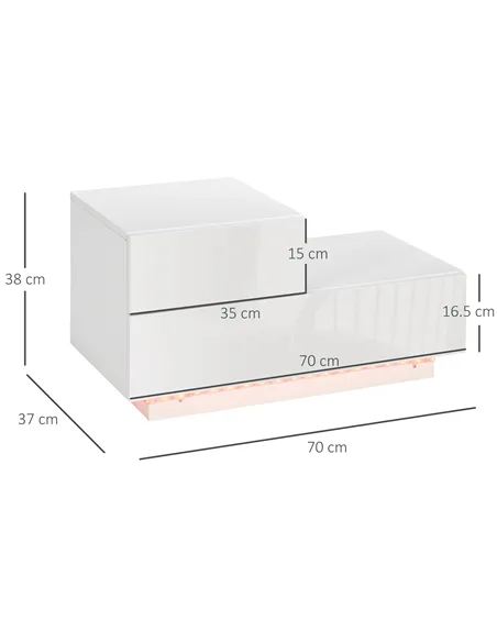 HOMCOM High Gloss Front Bedside Table with Drawers Nightstand with RGB LED Light and Remote for Bedroom Living Room White