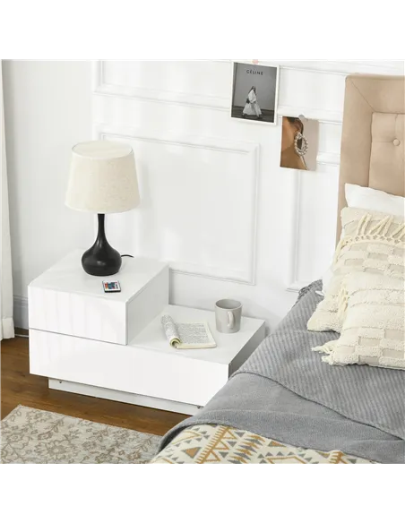HOMCOM High Gloss Front Bedside Table with Drawers Nightstand with RGB LED Light and Remote for Bedroom Living Room White