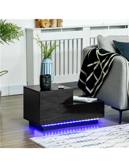HOMCOM High Gloss Front Bedside Table with Drawers Nightstand with RGB LED Light and Remote for Bedroom Living Room Black
