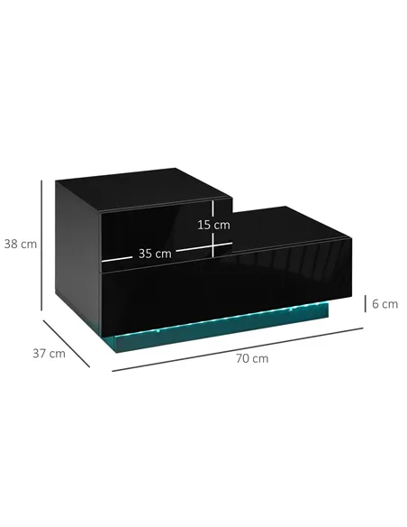 HOMCOM High Gloss Front Bedside Table with Drawers Nightstand with RGB LED Light and Remote for Bedroom Living Room Black