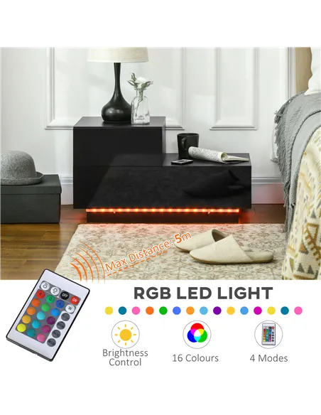 HOMCOM High Gloss Front Bedside Table with Drawers Nightstand with RGB LED Light and Remote for Bedroom Living Room Black