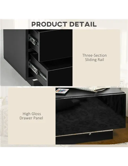 HOMCOM High Gloss Front Bedside Table with Drawers Nightstand with RGB LED Light and Remote for Bedroom Living Room Black