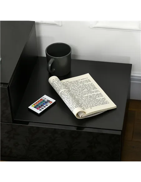 HOMCOM High Gloss Front Bedside Table with Drawers Nightstand with RGB LED Light and Remote for Bedroom Living Room Black