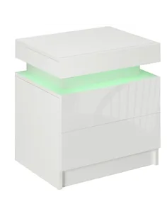 HOMCOM White Bedside Table with LED Light, High Gloss Front Nightstand with 2 Drawers, for Living Room, Bedroom