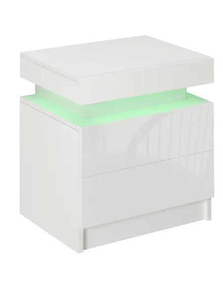 HOMCOM White Bedside Table with LED Light, High Gloss Front Nightstand with 2 Drawers, for Living Room, Bedroom