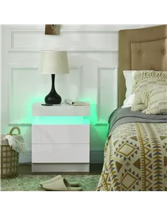HOMCOM White Bedside Table with LED Light, High Gloss Front Nightstand with 2 Drawers, for Living Room, Bedroom 2