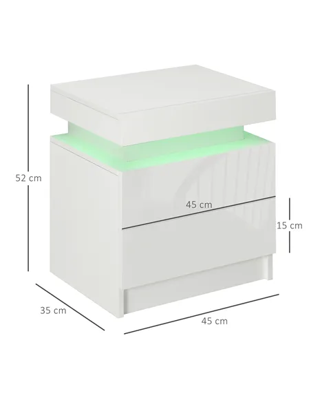 HOMCOM White Bedside Table with LED Light, High Gloss Front Nightstand with 2 Drawers, for Living Room, Bedroom