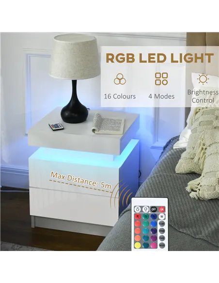 HOMCOM White Bedside Table with LED Light, High Gloss Front Nightstand with 2 Drawers, for Living Room, Bedroom