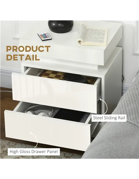 HOMCOM White Bedside Table with LED Light, High Gloss Front Nightstand with 2 Drawers, for Living Room, Bedroom