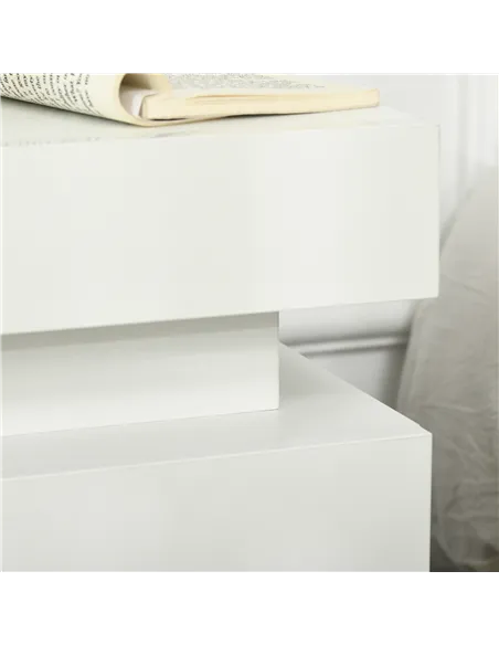 HOMCOM White Bedside Table with LED Light, High Gloss Front Nightstand with 2 Drawers, for Living Room, Bedroom