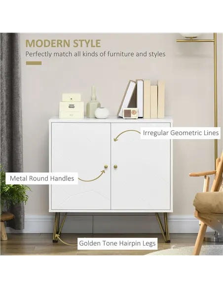 HOMCOM Storage Cabinet Slim Sideboard with Golden Hairpin Legs Adjustable Shelves for Living Room Dining Room Hallway White