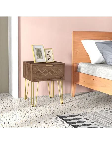 HOMCOM Bedside Table with Drawer, Wooden Nightstand, Modern Sofa Side Table with Gold Tone Metal Legs for Bedroom
