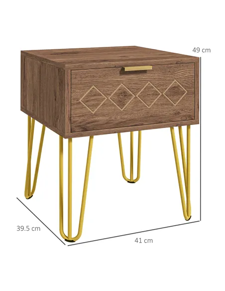 HOMCOM Bedside Table with Drawer, Wooden Nightstand, Modern Sofa Side Table with Gold Tone Metal Legs for Bedroom