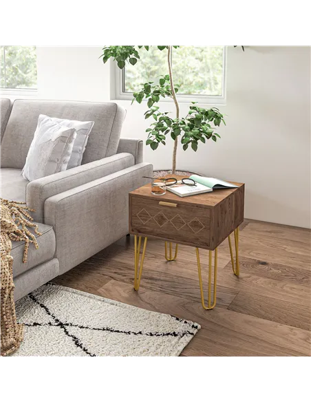 HOMCOM Bedside Table with Drawer, Wooden Nightstand, Modern Sofa Side Table with Gold Tone Metal Legs for Bedroom