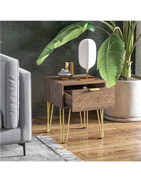 HOMCOM Bedside Table with Drawer, Wooden Nightstand, Modern Sofa Side Table with Gold Tone Metal Legs for Bedroom