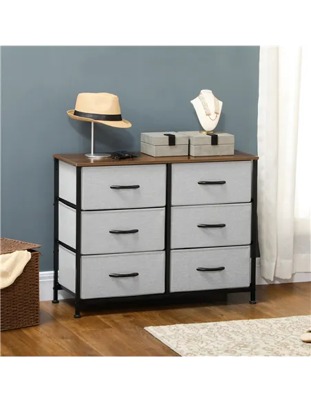 HOMCOM Fabric Chest of Drawers, Storage Drawers, Industrial Bedroom Dresser with 6 Fabric Drawers, Steel Frame and Wooden Top fo
