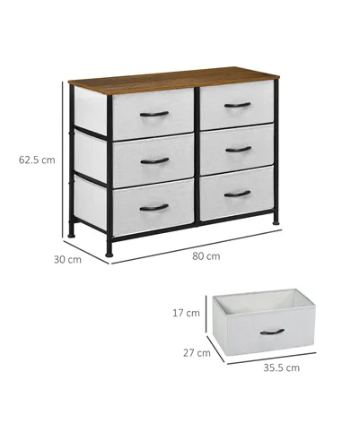 HOMCOM Fabric Chest of Drawers, Storage Drawers, Industrial Bedroom Dresser with 6 Fabric Drawers, Steel Frame and Wooden Top fo