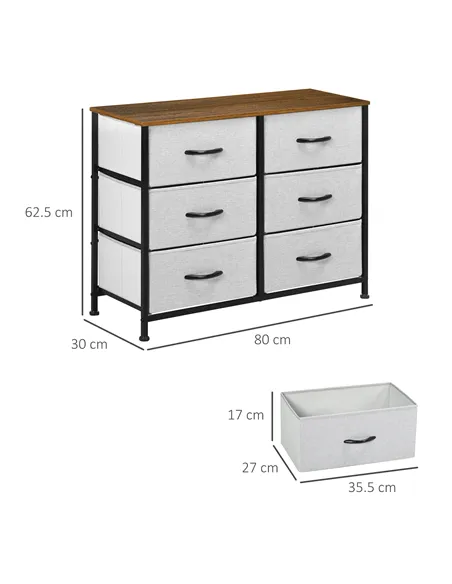 HOMCOM Fabric Chest of Drawers, Storage Drawers, Industrial Bedroom Dresser with 6 Fabric Drawers, Steel Frame and Wooden Top fo