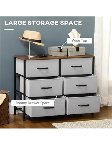 HOMCOM Fabric Chest of Drawers, Storage Drawers, Industrial Bedroom Dresser with 6 Fabric Drawers, Steel Frame and Wooden Top fo