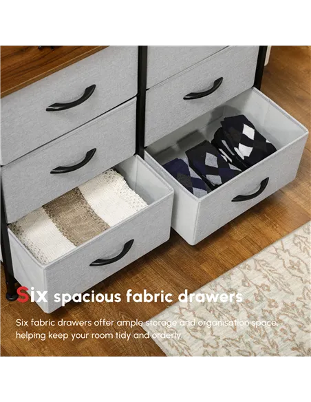 HOMCOM Fabric Chest of Drawers, Storage Drawers, Industrial Bedroom Dresser with 6 Fabric Drawers, Steel Frame and Wooden Top fo
