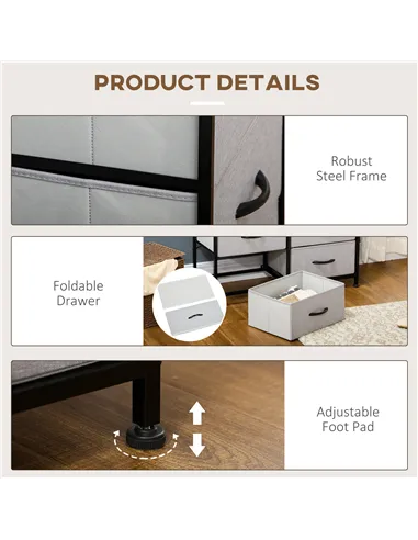 HOMCOM Fabric Chest of Drawers, Storage Drawers, Industrial Bedroom Dresser with 6 Fabric Drawers, Steel Frame and Wooden Top fo