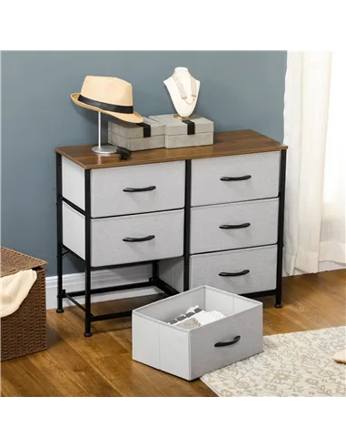 HOMCOM Fabric Chest of Drawers, Storage Drawers, Industrial Bedroom Dresser with 6 Fabric Drawers, Steel Frame and Wooden Top fo