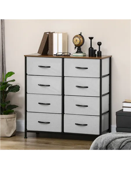 HOMCOM Fabric Chest of Drawers, Industrial Bedroom Dresser with 8 Fabric Drawers, Steel Frame and Wooden Top for Nursery, Living