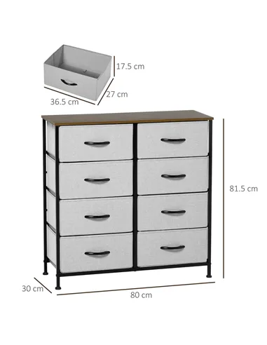 HOMCOM Fabric Chest of Drawers, Industrial Bedroom Dresser with 8 Fabric Drawers, Steel Frame and Wooden Top for Nursery, Living