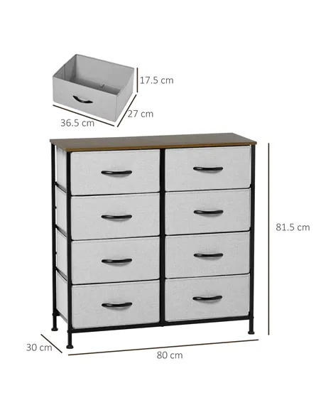 HOMCOM Fabric Chest of Drawers, Industrial Bedroom Dresser with 8 Fabric Drawers, Steel Frame and Wooden Top for Nursery, Living